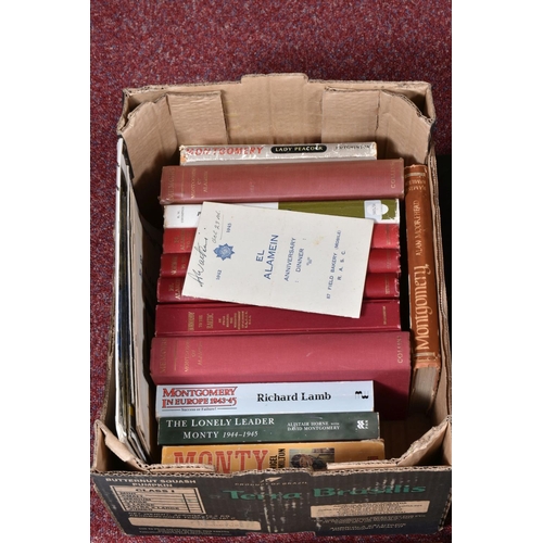 324 - THREE BOXES OF CERAMICS, GLASS, METALWARE, BOOKS AND PICTURES COMMEMORATING MONTGOMERY OF ALAMEIN, i... 