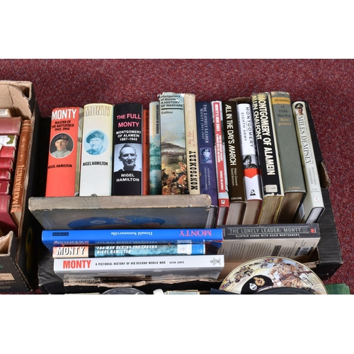 324 - THREE BOXES OF CERAMICS, GLASS, METALWARE, BOOKS AND PICTURES COMMEMORATING MONTGOMERY OF ALAMEIN, i... 