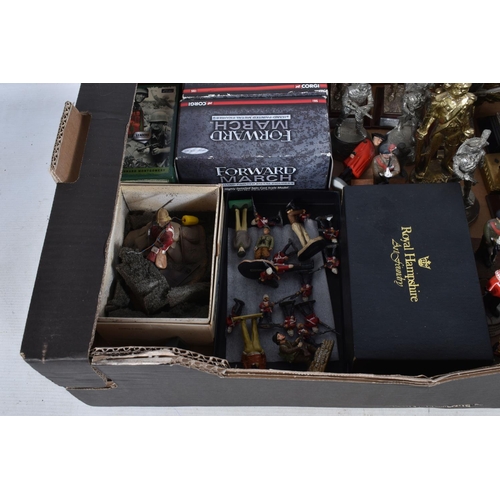 326 - TWO BOXES OF ASSORTED METAL, RESIN AND WOODEN MILITARY FIGURES, including boxed Corgi Forward March ... 