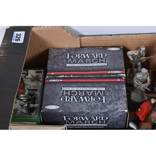 326 - TWO BOXES OF ASSORTED METAL, RESIN AND WOODEN MILITARY FIGURES, including boxed Corgi Forward March ... 