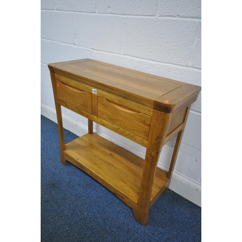 1258 - A LIGHT OAK SIDE TABLE, with two drawers, and undershelf, width 85cm x depth 35cm x height 78cm (con... 