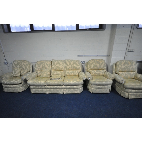 1396 - A FLORAL GOLD UPHOLSTERED FOUR PIECE LOUNGE SUITE, comprising a three seater settee, 204cm, and thre... 