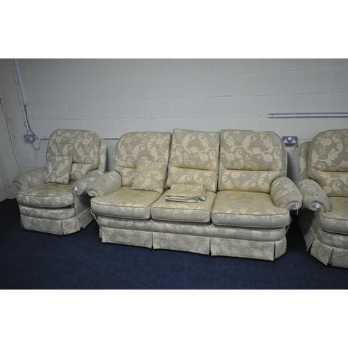 1396 - A FLORAL GOLD UPHOLSTERED FOUR PIECE LOUNGE SUITE, comprising a three seater settee, 204cm, and thre... 