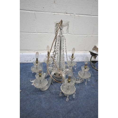 1399 - THREE VARIOUS CHANDELIERS, comprising a glass rope five branch chandelier, a six branch glass chande... 