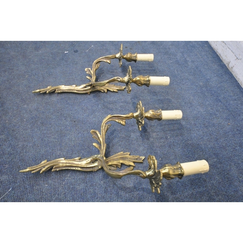 1401 - A PAIR OF BRASS FOLIATE WALL MOUNTED TWIN BRANCH WALL SCONCES