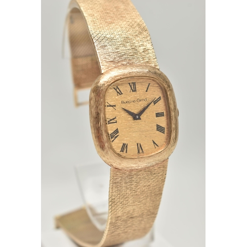 100 - A 9CT GOLD 'BUECHE-GIROD' WRISTWATCH, hand wound movement, rectangular textured dial, signed 'Bueche... 