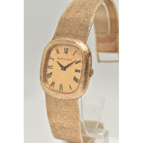 100 - A 9CT GOLD 'BUECHE-GIROD' WRISTWATCH, hand wound movement, rectangular textured dial, signed 'Bueche... 