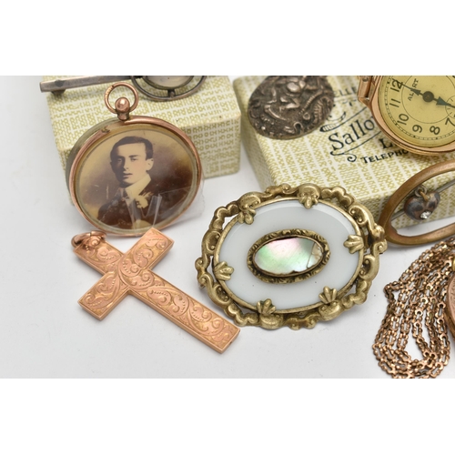 105 - AN ASSORTMENT OF 9CT GOLD, YELLOW AND WHITE METAL JEWELLERY ITEMS, to include a double sided photo p... 