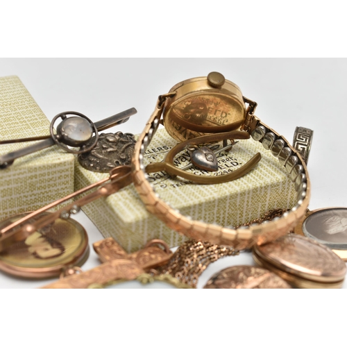 105 - AN ASSORTMENT OF 9CT GOLD, YELLOW AND WHITE METAL JEWELLERY ITEMS, to include a double sided photo p... 