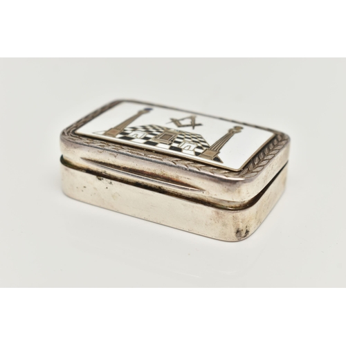 111 - A SILVER AND ENAMEL MASONIC SNUFF BOX, rectangular box detailed with a white, black and blue enamel ... 