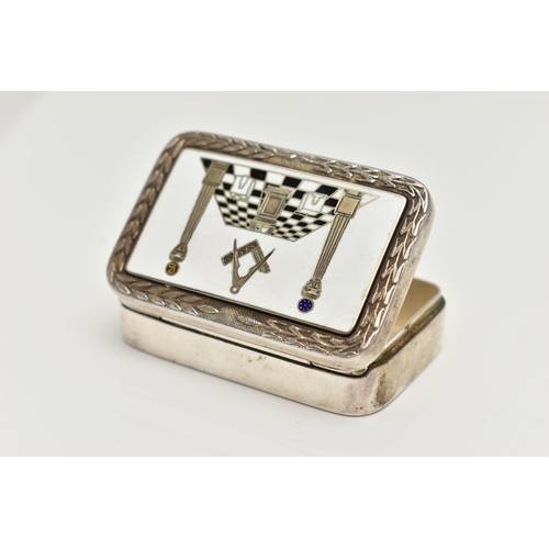 111 - A SILVER AND ENAMEL MASONIC SNUFF BOX, rectangular box detailed with a white, black and blue enamel ... 