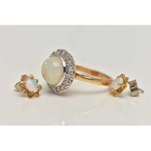 114 - AN 18CT GOLD OPAL AND DIAMOND RING AND A PAIR OF OPAL EARRINGS, the ring of a circular form, set wit... 