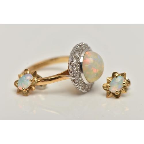 114 - AN 18CT GOLD OPAL AND DIAMOND RING AND A PAIR OF OPAL EARRINGS, the ring of a circular form, set wit... 