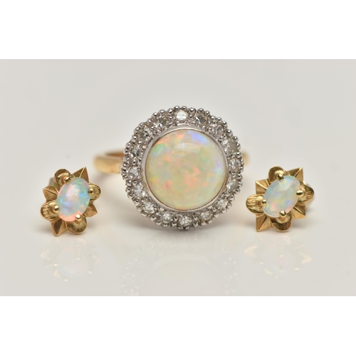 114 - AN 18CT GOLD OPAL AND DIAMOND RING AND A PAIR OF OPAL EARRINGS, the ring of a circular form, set wit... 