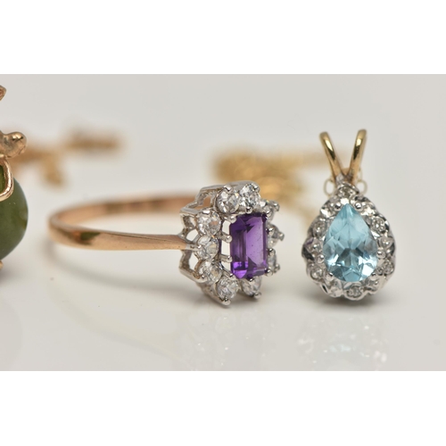 115 - A BAG OF JEWELLERY, to include a 9ct gold cluster ring, set with an amethyst in a surround of cubic ... 