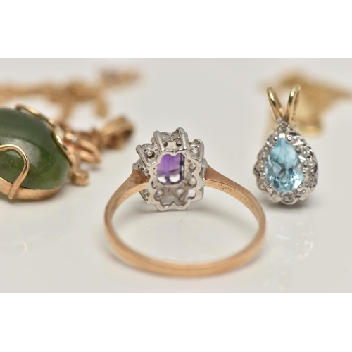 115 - A BAG OF JEWELLERY, to include a 9ct gold cluster ring, set with an amethyst in a surround of cubic ... 