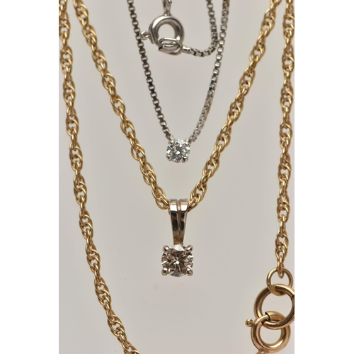 120 - TWO DIAMOND PENDANT NECKLACES, the first an 18ct white gold box link chain fitted with a small round... 