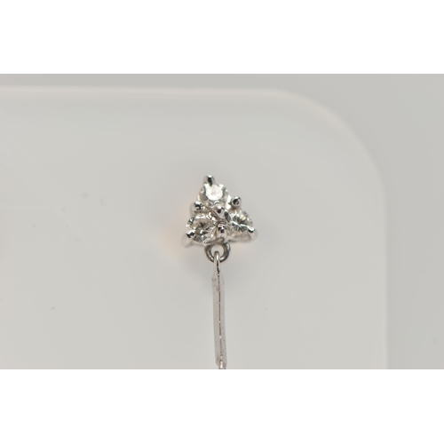 121 - A PAIR OF 18CT WHITE GOLD DIAMOND DROP EARRINGS, each earring designed with a diamond set flower dro... 