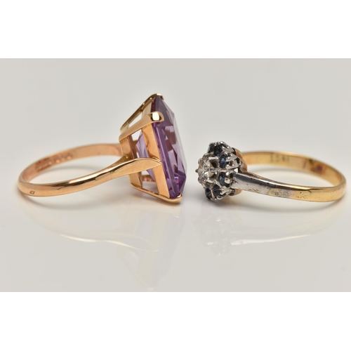 122 - TWO GEM SET RINGS, the first designed as a four claw set, rectangular cut synthetic sapphire, open w... 