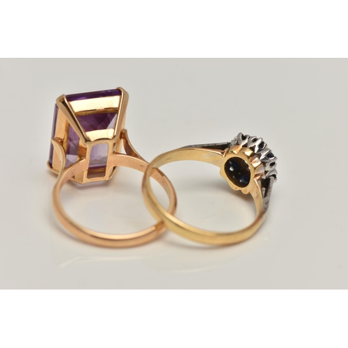 122 - TWO GEM SET RINGS, the first designed as a four claw set, rectangular cut synthetic sapphire, open w... 