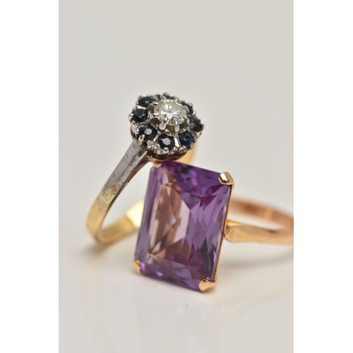 122 - TWO GEM SET RINGS, the first designed as a four claw set, rectangular cut synthetic sapphire, open w... 