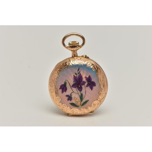 124 - A LADYS YELLOW METAL AND ENAMEL FULL HUNTER POCKET WATCH, manual wind, case detailed with painted fl... 