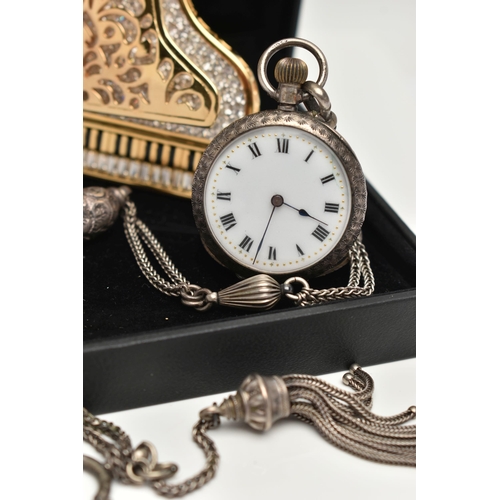 125 - A SWAROVSKI BROOCH AND A LADYS SILVER OPEN FACE POCKET WATCH WITH ALBERTINA, the brooch in the form ... 