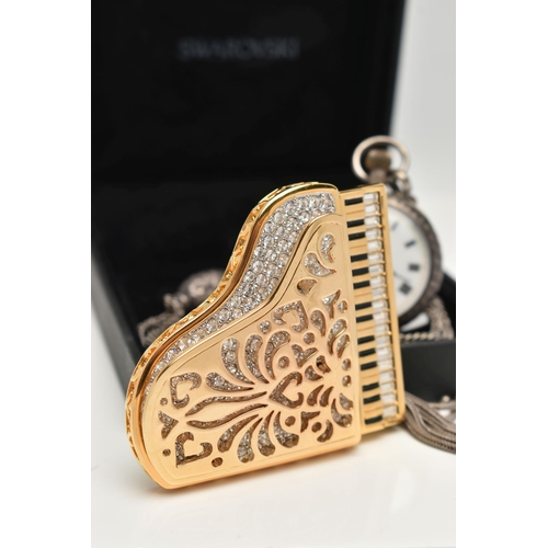 125 - A SWAROVSKI BROOCH AND A LADYS SILVER OPEN FACE POCKET WATCH WITH ALBERTINA, the brooch in the form ... 