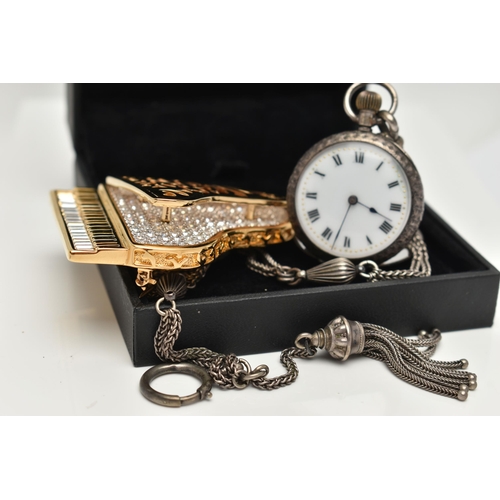 125 - A SWAROVSKI BROOCH AND A LADYS SILVER OPEN FACE POCKET WATCH WITH ALBERTINA, the brooch in the form ... 