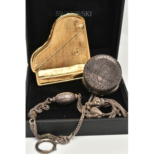 125 - A SWAROVSKI BROOCH AND A LADYS SILVER OPEN FACE POCKET WATCH WITH ALBERTINA, the brooch in the form ... 