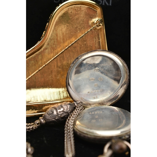 125 - A SWAROVSKI BROOCH AND A LADYS SILVER OPEN FACE POCKET WATCH WITH ALBERTINA, the brooch in the form ... 