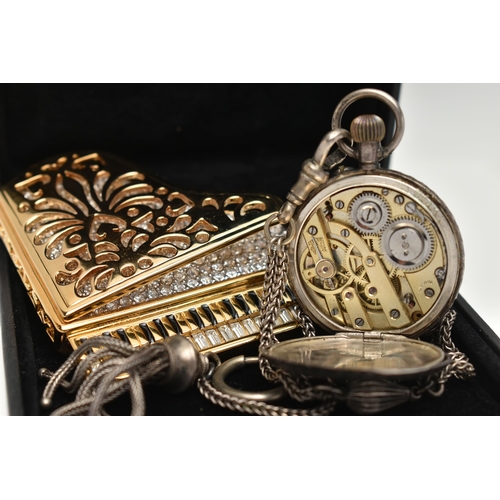 125 - A SWAROVSKI BROOCH AND A LADYS SILVER OPEN FACE POCKET WATCH WITH ALBERTINA, the brooch in the form ... 