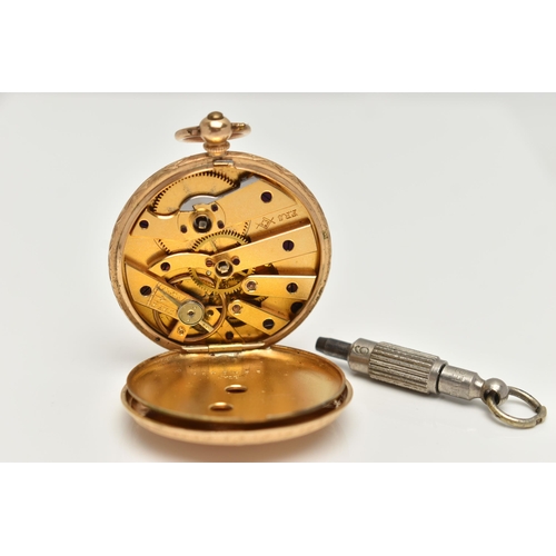 126 - A YELLOW METAL OPEN FACE POCKET WATCH, key wound, round gold floral detailed dial, signed 'F.Robert ... 