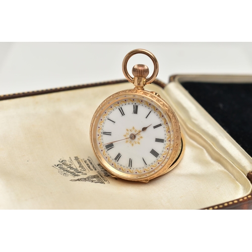 127 - A LADYS YELLOW METAL OPEN FACE POCKET WATCH, manual wind, round white dial with gold floral detail, ... 