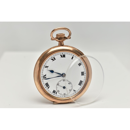 133 - A GOLD PLATED OPEN FACE POCKET WATCH, hand wound movement, round white dial, Roman numerals, subsidi... 