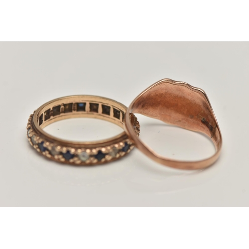 138 - TWO 9CT GOLD RINGS, the first a rose gold shield form signet ring, hallmarked 9ct Birmingham 1911, r... 