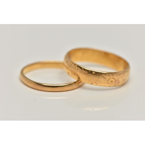 140 - TWO 22CT GOLD BAND RINGS, the first with a worn engraved pattern, approximate width 4.5mm, hallmarke... 