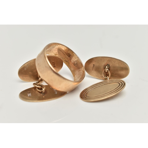 150 - A 9CT GOLD RING AND PAIR OF 9CT GOLD CUFFLINKS, the plain band ring with 9ct hallmark for Birmingham... 