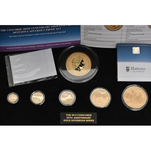 21 - HATTONS OF LONDON THE CONCORDE 50TH ANNIVERSAY GOLD PROOF FIVE COIN SET, to include Twenty pound Que... 