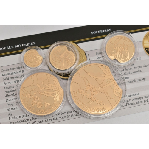 22 - THE 2019 HEROS OF D-DAY 75TH ANNIVERSARY GOLD DEFINATIVE PROOF SOVEREIGN SET, five Sovereign coin 22... 