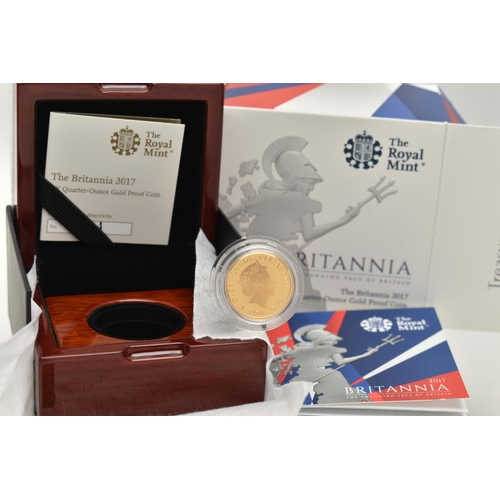 34 - A BOXED ROYAL MINT BRITANNIA 2017 UK QUARTER-OUNCE GOLD PROOF COIN, No. 1624 of maximum mintage 3280... 