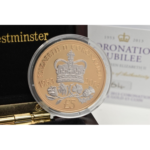 35 - A BOXED THE JERSEY 2013 CORONATION JUBILEE GOLD FIVE POUND COIN, double portrait by David Cornell, N... 