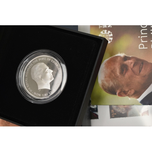 97 - A CARDBOARD BOX OF MAINLY ROYAL MINT ITEMS, to include a Royal Mint 2017 Prince Philip £5 Silver Pro... 