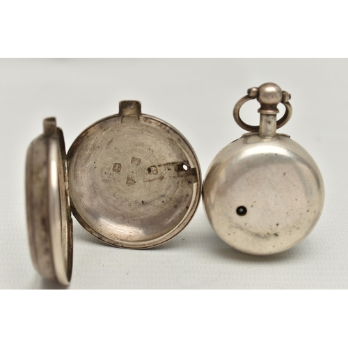 153 - A LATE VICTORIAN SILVER PAIR CASE POCKET WATCH, key wound, round silver floral dial, gold tone Roman... 