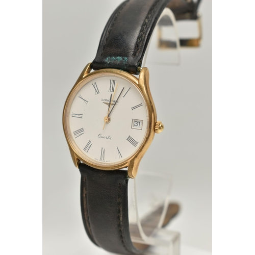 154 - A GENTS 'LONGINES' QUARTZ WRISTWATCH, round white dial signed 'Longines quartz', Roman numerals, dat... 