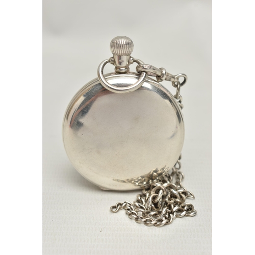 156 - A SILVER HALF HUNTER POCKET WATCH AND AN ALBERT CHAIN, manual wind, round white dial, Roman numerals... 