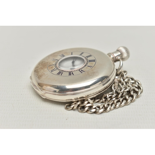 156 - A SILVER HALF HUNTER POCKET WATCH AND AN ALBERT CHAIN, manual wind, round white dial, Roman numerals... 