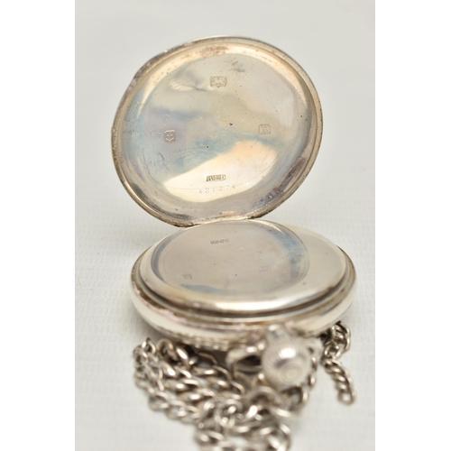 156 - A SILVER HALF HUNTER POCKET WATCH AND AN ALBERT CHAIN, manual wind, round white dial, Roman numerals... 