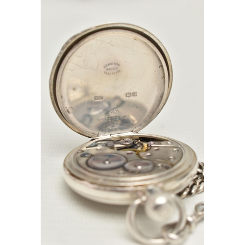 156 - A SILVER HALF HUNTER POCKET WATCH AND AN ALBERT CHAIN, manual wind, round white dial, Roman numerals... 