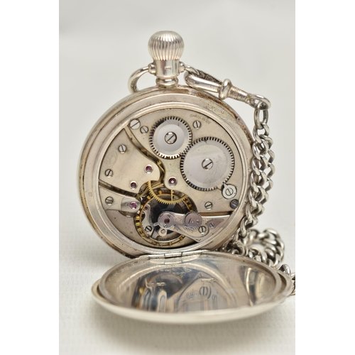 156 - A SILVER HALF HUNTER POCKET WATCH AND AN ALBERT CHAIN, manual wind, round white dial, Roman numerals... 